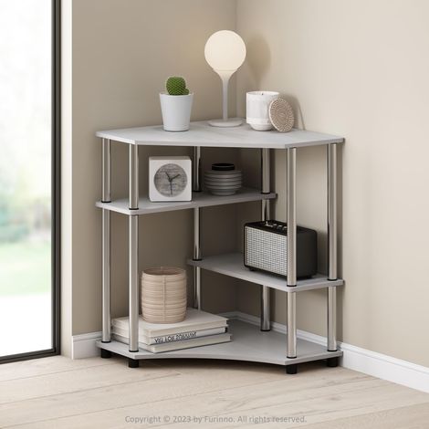Étagère d'angle Multifonction, Présentoir, Bibliothèque, Chêne Blanc, Tubes en Acier Inoxydable (1/5)