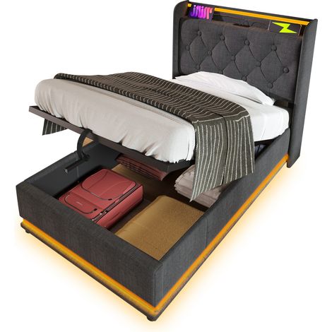 Lit coffre 90x200 cm avec LED 360°, tête de lit capitonnée, USB et USB-C, rangement hydraulique, matelas 7 zones inclus, gris lin, pour chambre adulte - CHICFURN (1/5)