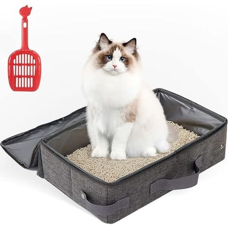QAZQA Bac à Litière de Voyage pour Chat, Bac à Litière Pliable pour Chat avec Pelle à Litière, Maisons de Toilette Pliable pour Chat, Bac à Litière Portable pour Les Déplacements - 40cm x 24cm x 11cm,
