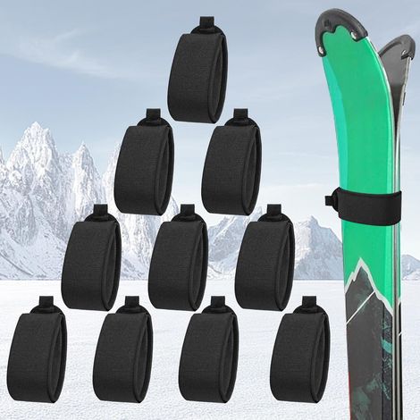 10 PCS Sangles Fixation Skis 5 48cm Sangle Ski Réglables Ruban Fixation Skis Fixations de Ski Autocollantes Sangle Porte Ski Fixation Ski pour Skis Luges, Noir (1/5)