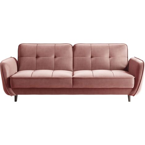 Canapé 3 places convertible en velours BOZA - Pieds bois noir-Rose (1/4)