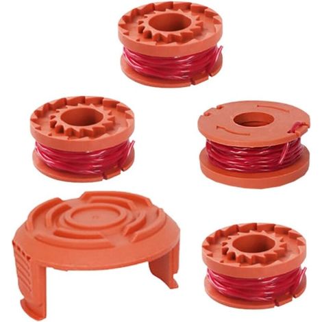 Juego de 5 carretes de repuesto para desbrozadora, compatibles con la desbrozadora Worx WA0010 (4 carretes, 1 tapa) (1/4)