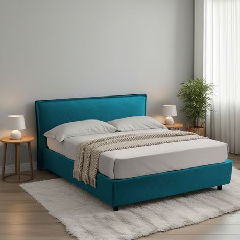 Letto Matrimoniale Brunate, Letto Matrimoniale Materasso Incluso, Sfoderabile Made in Italy, Contenitore, Azzurro (1/5)