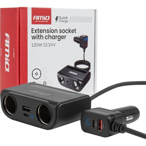 Adaptador divisor para toma de encendedor de cigarrillos con cargador USB-C, USB-A, QC3.0 y PD3.0 de 120 W (amio-04837) (1/5)