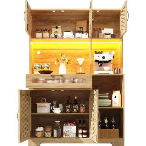 Colonne de cuisine 137x45x178cm - 2 portes + 3 tiroirs + 8 étagères - LED - meuble haut - buffet polyvalent - Décoration en rotin - Naturel
