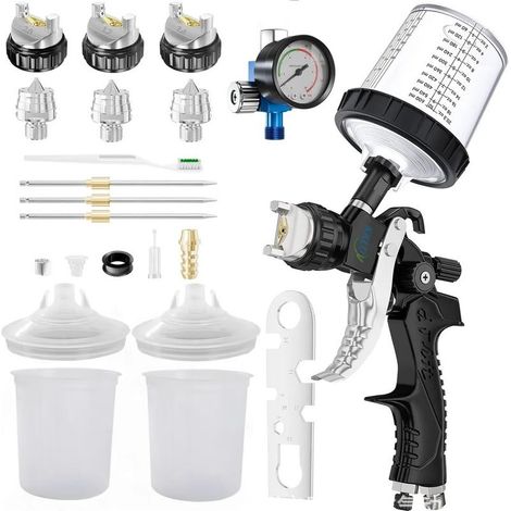 Pistolet Pulvérisateur de Peinture avec Buses de 1,4/1,7/2,0mm et Régulateur d'air, Kit de Pistolet de Pulvérisation de Voiture avec Godet de 600 ML et Autres Accessoires de Pulvérisation (1/5)