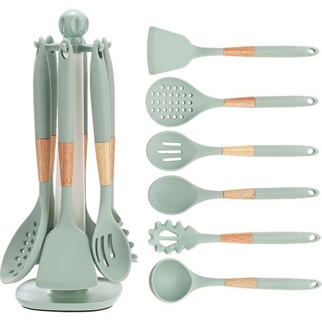 Lot de 7 ustensiles de cuisine en silicone avec support rotatif, résistants à la chaleur, gadgets de cuisine pour ustensiles de cuisine (vert) (1/5)