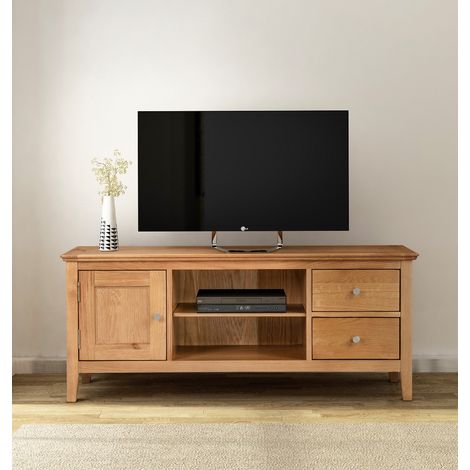 Hallowood Furniture Hereford Oak TV Unit, Large TV Stand Cabinet with 2 Drawers, Open Shelves and a Cupboard, Solid Wooden Light Oak Furniture for Living Room or Lounge (1/5)