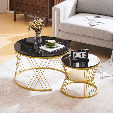Tavolini bassi gigogne rotondi 2 pezzi MDF effetto marmo nero, metallo dorato DESVIAE (1/5)