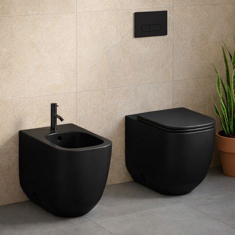 Sanitari filo muro in ceramica nero opaco con copriwc e scarico tornado Kora (1/5)