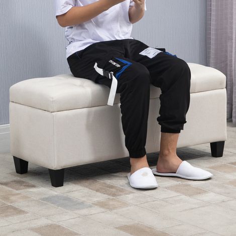 Banc de rangement, banquette capitonnée aspect lin, coffre de rangement avec pieds en bois, banc coffre pour salon, chambre, entrée, 100 x 40 x 44 cm, blanc crème (1/5)
