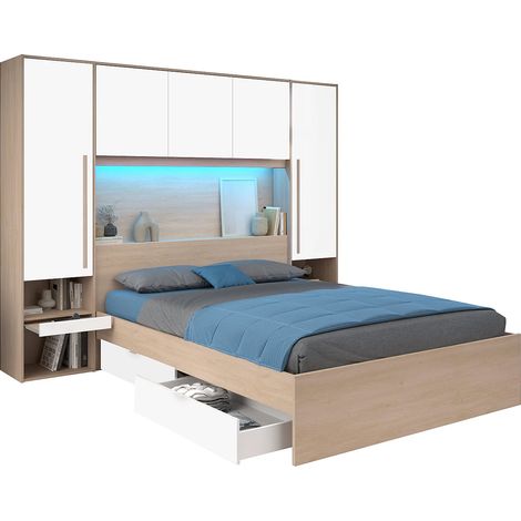 Vente-Unique – Lit pont 160 x 200 cm avec rangements – 2 tiroirs et penderie – Avec LEDs multicolores – Éco-responsable, fabriqué en France (1/5)