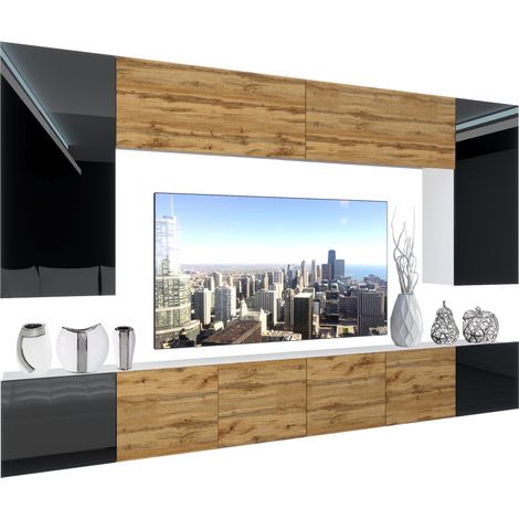 BELINI Wohnwand Vollausstattung Wohnzimmer-Set Moderne Schrankwand mit LED-Beleuchtung Anbauwand TV-Schrank Schwarz/Wotan Eiche
