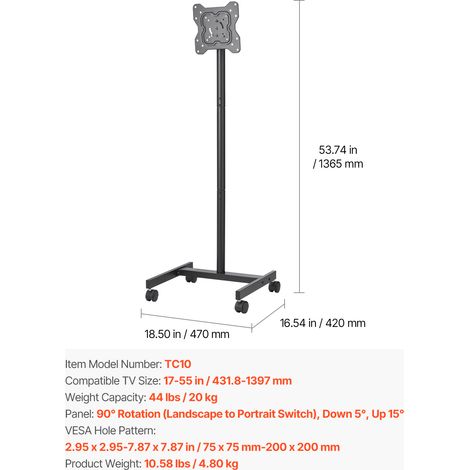 Supporto TV Mobile Con Ruote Per Schermi Da 32 A 80 Pollici – Regolabile In Altezza, VESA Fino A 600x400, Carico 50 Kg