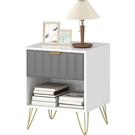 Table of bedside, table of auxiliary compartment open, drawer and handle, feet in steel, 45 x 40 x 55, white (1/5)