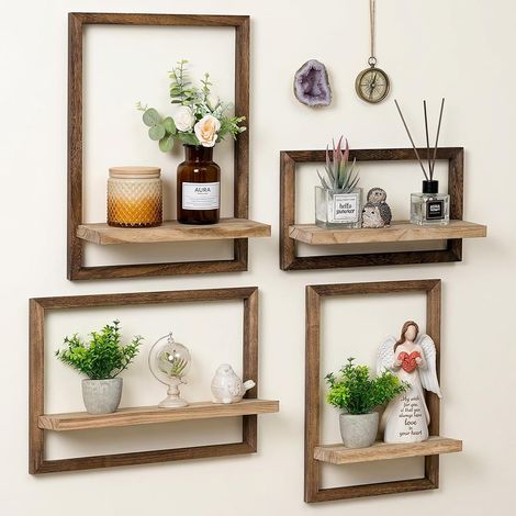 Etagere Murale Bois Étagère Murale Étagère Flottante Lot de 4 Décoration Murale Petite Tablette Murale Salle de Bain Cuisine Retro Brown (1/5)
