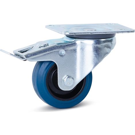 Roulette pivotante freinée - MESO - Caoutchouc élastique bleu - 80mm - 100kg - Platine