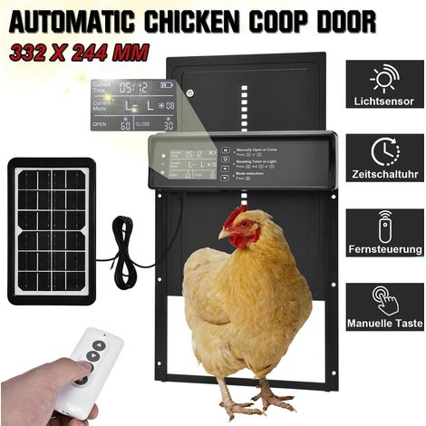 Porte Poulailler Solaire Automatique en Alliage d'aluminium, Porte Électrique avec Écran LED, Télécommande Commande de Minuterie, 332x244mm, Étanche Accessoire Poulailler (1/5)