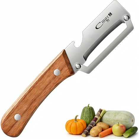 Sparschäler aus Edelstahl mit Holzgriff zum Schälen und Schneiden von Obst und Gemüse. Langlebig und einfach in der Handhabung.