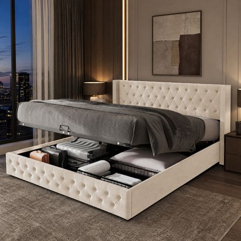 Letto 180x200 cm in velluto beige con contenitore, senza materasso, per camera – MEUBLIV (1/5)