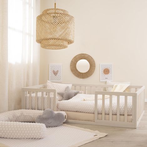 roba Letto Montessori a Pavimento 70 x 140 cm per Bambini - Con Rete a Doghe e Protezione Anticaduta - Concetto di Riposo a Livello del Pavimento per Bambini Piccoli - Stone Washed (1/4)