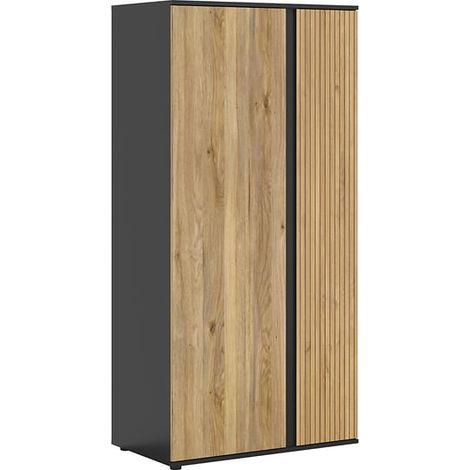 Armoire à 2 portes avec décor lamelles ,coloris Chêne/Noir - Longueur 95 x Profondeur 55 x Hauteur 196 cm (1/5)