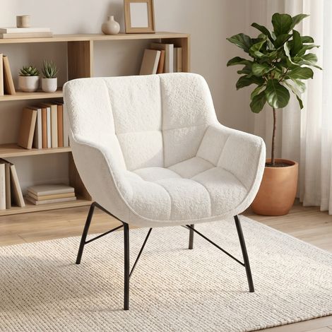 Fauteuil d'appoint moderne, fauteuil en polaire sherpa avec dossier incurvé, accoudoirs intégrés, pieds en métal, blanc crème