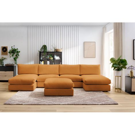 BOBOCHIC - Canapé panoramique fixe 100% modulable PARIS tissu bouclette avec 2 chauffeuses, 2 méridiennes, 1 pouf Panoramique Jaune (1/5)