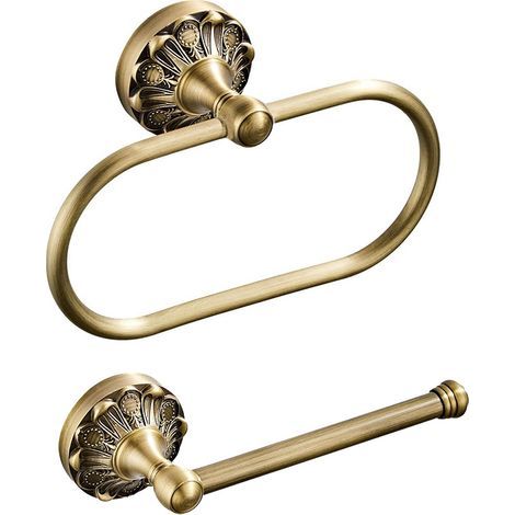 Lot de 2 supports de papier toilette en laiton de 21 cm - Cuivre doré - Avec anneau porte-serviette - Support mural en laiton antique (1/5)