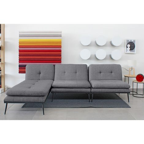 Divano con penisola 3 posti, divano letto modulare con chaise longue PILAR - Divano salotto Soggiorno, Design Moderno in Tessuto, Schienale reclinabile Gambe in metallo - GRIGIO (1/2)
