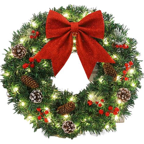 1 Couronne de Noël, 40 cm, pré-illuminée, rotin artificiel, avec nœud et baies, pour porte et fenêtre (1/5)