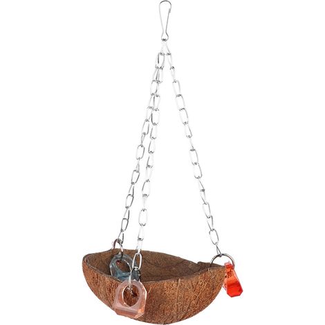 Panier suspendu en coquille de noix de coco avec anneaux acryliques pour perroquet, jouet pour oiseaux de compagnie (1/5)