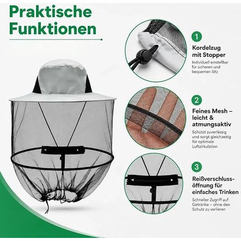 Chapeau Apiculteur Pliable Moustiquaire Tête Anti Moustique Midges Convient Avec Filet Anti-Moustique de Pêche Anti-Insectes -Gris moustiquaire zip menton boisson sans ôter casquette (1/4)