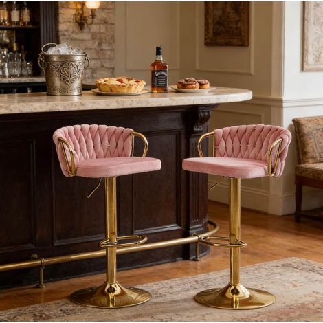 REDOM - Lote de 2 taburetes de bar giratorios y regulables en altura, respaldo con reposabrazos, reposapiés, metal y terciopelo rosa (1/5)