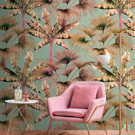 Papier peint photo Profhome 391832 papier peint intissé gaufré à chaud lisse au design de jungle mat turquoise vert-turquoise brun beige rose 1,59 m x 2,8 m