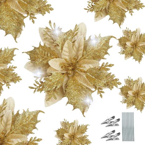Lot de 12 Fleurs de Poinsettia artificielles à Paillettes avec 12 tiges et Clips pour Sapin de Noël, Mariage, Nouvel an, Guirlande de Couronne de Noël (doré) (1/5)