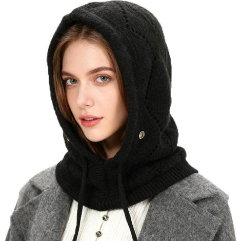 Damen Kapuzenschal 2in1 Thermo Strickmütze Nackenwärmer winddicht warm schwarz (1/5)