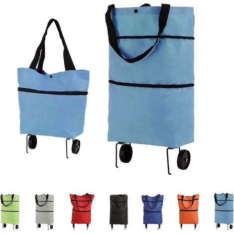 Chariot de courses pliable 2 en 1 à roulettes sac cabas tissu Oxford bleu ciel pour marché lessive et voyages (1/5)