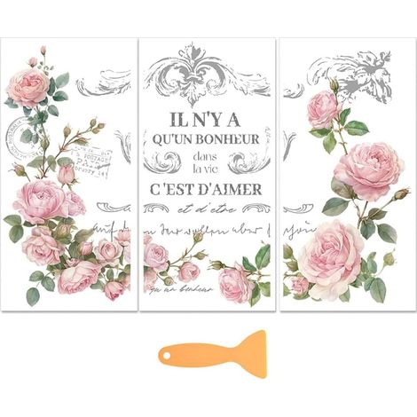 3 feuilles rose floral frottement sur transferts pour bricolage motifs décoratifs rétro meubles frotter sur autocollants pour décor de garde-robe meubles anciens rénovation décor (1/5)