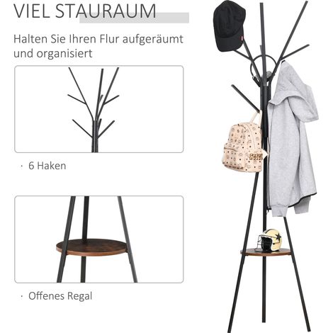 Porte-manteau design scandinave avec 7 patères, cintre mural pour vêtements, finition noir et bois marron