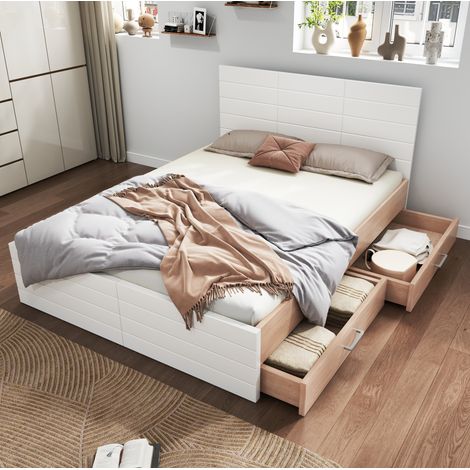 Letto 160x200 cm con 2 cassetti, letto in legno 160x200 cm, letto moderno, struttura letto con rete a doghe, bianco, senza materasso (1/5)