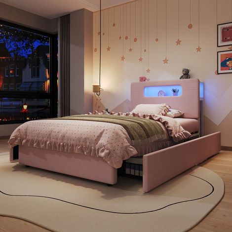 Lit Simple 90 x 200 cm rembourré 4 tiroirs latéraux Tête de Lit avec rangement ouvert éclairage LED commandé par application rose (1/4)