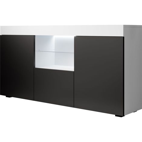 Sideboard mit LED Küchenschrank Kommode Wohnzimmerschrank Aufbewarungsschrank Buffet Esszimmer 135x72x34cm Modell Sefora Weiss mit Schwarz Matt