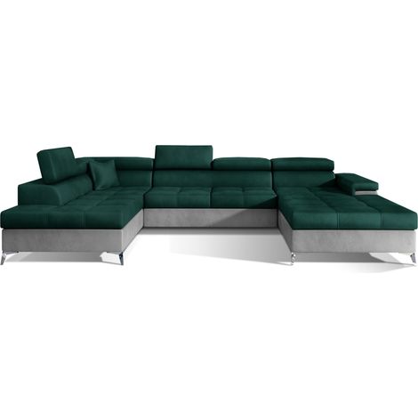 Canapé panoramique convertible KUTTY velours - Rangement et têtières réglables à gauche-Gris clair/Vert-Coffre à gauche (1/5)