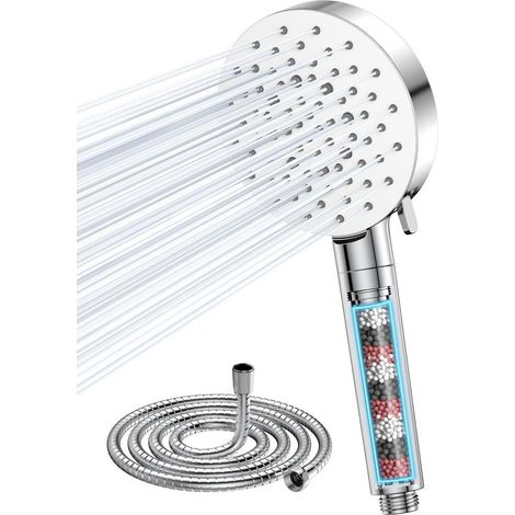 Pommeau de douche avec filtre 6 jets, haute pression, économie d'eau, anti-calcaire, blanc (1/5)