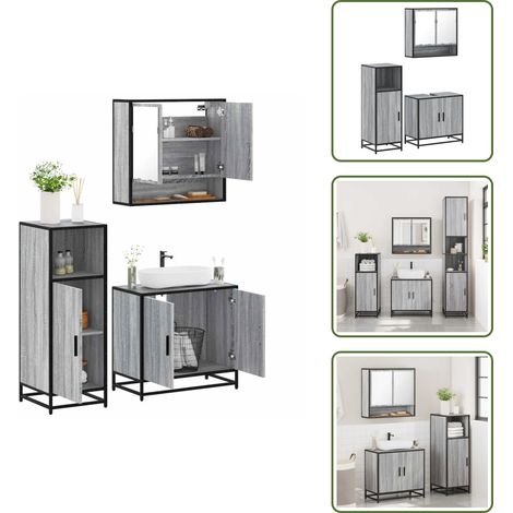 The Living Store Set de muebles de baño 3 pzas madera contrachapada gris sonoma - Armario de baño