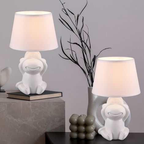 Tischleuchte Tischlampe Nachtlicht Nachttischleuchte, Schnurschalter Affendesign Keramik weiß matt Stoffschirm, 1x E14 Fassung, DxH 17x27cm, 2er Set