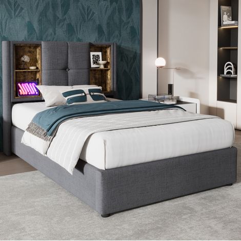 Letto contenitore singolo 90x200 cm, con ricarica wireless, USB e rete a doghe, in cotone grigio, senza materasso (1/5)