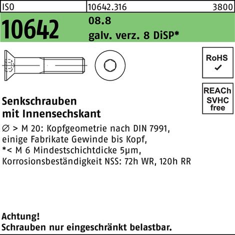 Vis à tête fraisée ISO 10642 à 6 pans creux M4x10 8.8 galv. 8 DiSP 500p.