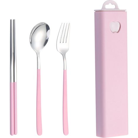 Ensemble de couverts réutilisables pour la maison avec étui, couverts de voyage en acier inoxydable, 3 pièces (fourchette, cuillère, couteau) avec manches colorés. (1/5)